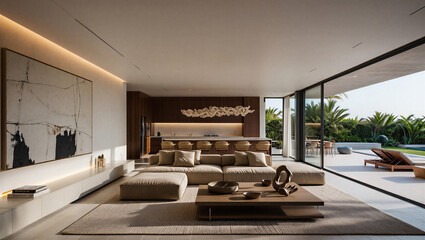 Modern living room with large windows and minimalist decor in a luxurious home
