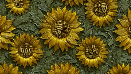 Fototapeta premium Vibrant sunflowers in lush green leaves
