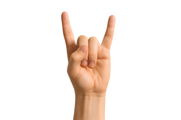 Human hand making rock gesture isolated on white background, symbol of music culture, freedom, rebellion and expressive nonverbal communication