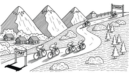 Group of cyclists powers uphill on a winding mountain road toward a finish line, passing rustic cabins. Alpine scenery features snow peaks, trees, and rolling fields, evoking adventure and endurance © Yesyx