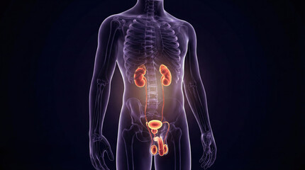 Anatomical illustration of the male urinary system, highlighting the kidneys, bladder, and reproductive organs.
