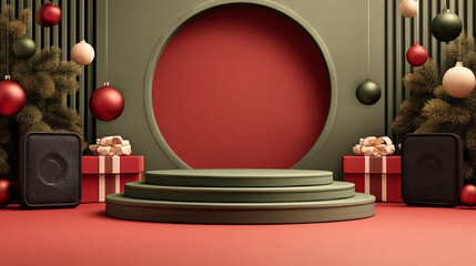A festive holiday scene with a green circular podium surrounded by Christmas trees decorated with red and green ornaments and gifts wrapped in red paper with white ribbons on a red floor.