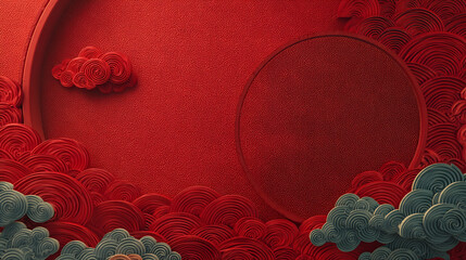 A vibrant red abstract artwork featuring intricate cloud-like patterns and a large circular shape on a textured background