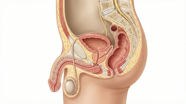 Sagittal view of the male reproductive and urinary systems, illustrating the prostate, bladder, urethra, penis, and testes.
