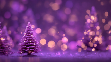 Small purple Christmas trees are decorated with lights on a snowy surface with a blurred background of bokeh lights in shades of purple and gold
