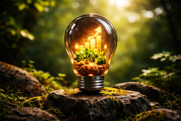 Glowing Light Bulb With Growing Plants And Business Growth Symbol In Nature