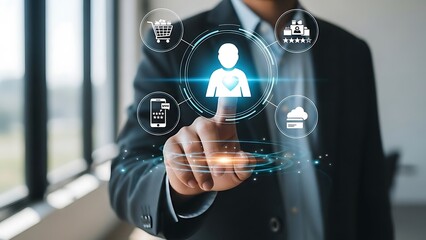 Businessman interacting with digital interface showcasing customer service icons