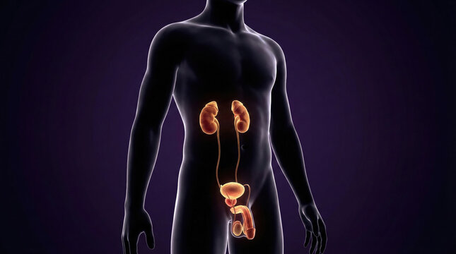 Anatomical illustration of the male urinary system, highlighting kidneys, ureters, bladder, and reproductive organs.