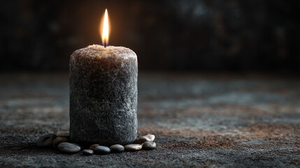A lit candle made of rough textured material surrounded by small stones on a dark and blurry background creating a peaceful atmosphere