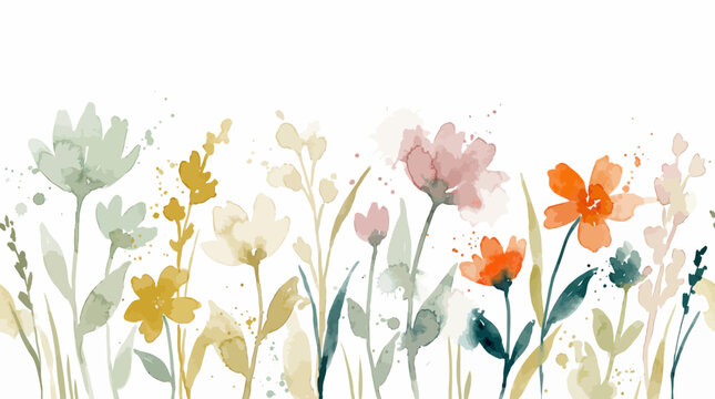 Abstract watercolor floral seamless border featuring wild meadow flowers and foliage in soft earthy colors, concept for wedding invitations, seasonal decor and textile prints