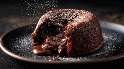 Chocolate lava cake centered on dark background, subtle highlight, space for text