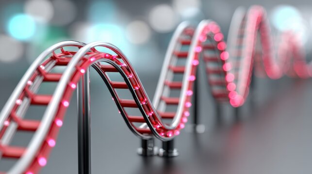 abstract 3D render of a red roller coaster track shaped like a volatile stock market graph, sharp spikes and drops, dark grey background, metaphor