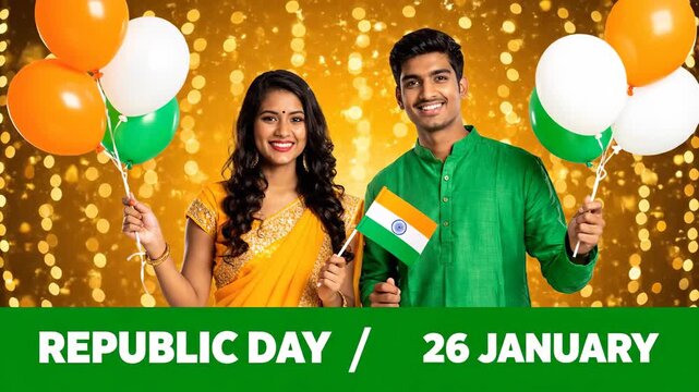 Indian Couple Republic Day Celebration Holding Flag Balloons Festive Background