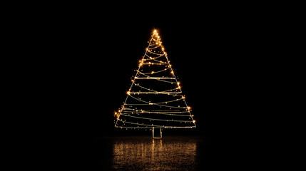 A triangular Christmas tree made of glowing yellow lights stands alone in the darkness with a reflection on the ground
