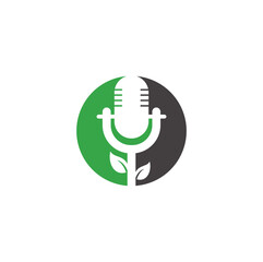 Podcast leaf vector logo design. Podcast talk show logo with mic and leaves.