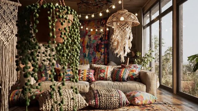 Bohemian Living Room Interior with Macrame Decor and Lush Greenery, Cozy and Eclectic Home Design.