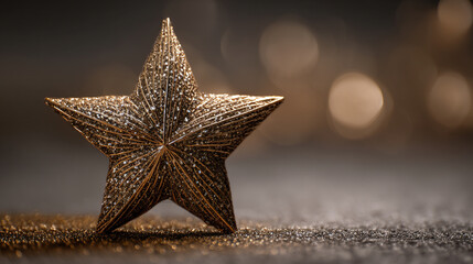 A close-up photograph of a textured gold star decoration sitting on a glittery surface with a blurred bokeh background