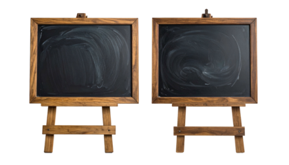 Two wooden framed blackboards on easels, smudged with chalk, against a black background