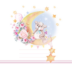 baby shower invitation with baby bear on moon, stars,  happy birthday