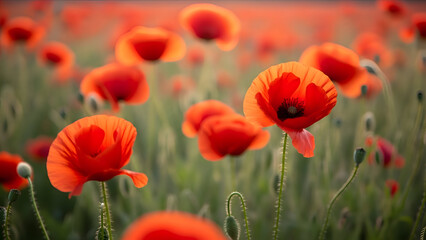 Fototapeta premium Vibrant red poppies in a lush green field on a sunny day with blurred background