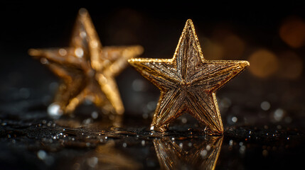 Two golden star ornaments are placed on a reflective black surface with a blurred background of lights