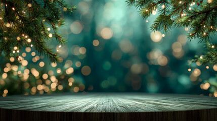 A wooden tabletop with a festive Christmas background featuring pine branches and blurred bokeh lights in a warm and cozy atmosphere