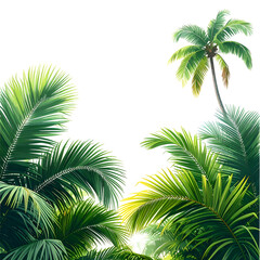 Fototapeta premium Lush green tropical foliage, palm trees, vibrant leaves, on a black background