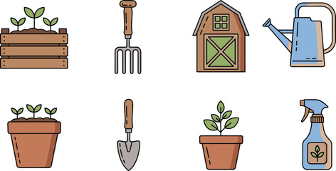 Flat gardening icons set with plants tools barn watering can and spray bottle for home garden vector illustration © VectoBloom