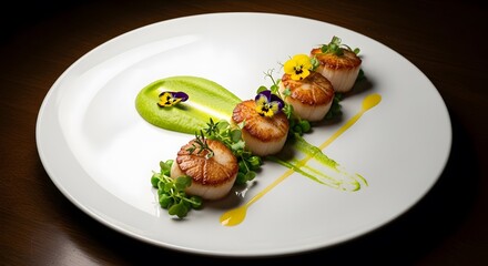 Gourmet seafood dish with seared scallops and vibrant pea puree presentation