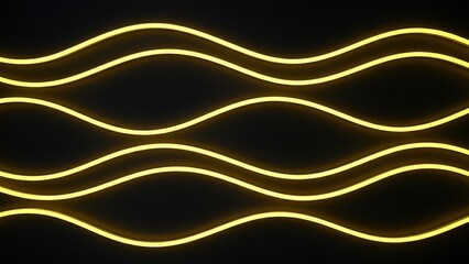 Abstract Yellow Neon Wavy Lines Glowing on Black Background