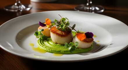 Gourmet seared scallops with pea puree and edible flowers on a white plate