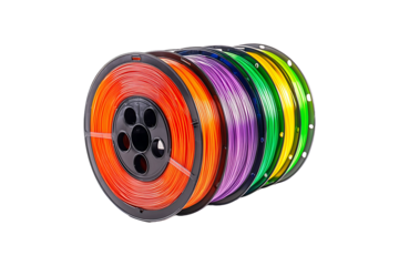 Assorted multicolor filament cable reels for crafting isolated on a transparent background