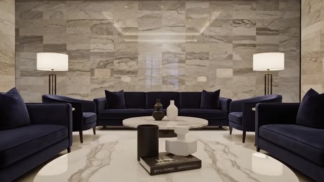 A modern lounge area featuring plush navy sofas arranged around a marble coffee table