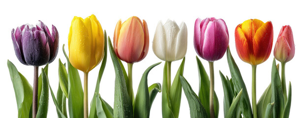 Colorful tulips in a row against a black background