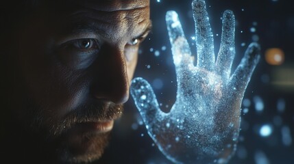 realistic photorealistic image of a man gently pressing into a responsive AI holographic projection 1