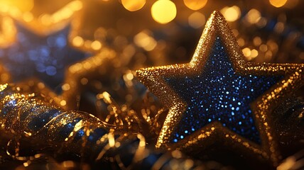 A festive Hanukkah banner featuring blue and gold glitter stars scattered on a shimmering background. The stars vary in size and create a celebratory atmosphere.