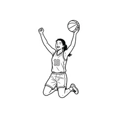 Female basketball player celebrating victory jumping in air holding ball sports athlete line art illustration isolated on white background