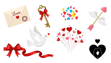 Fototapeta premium A collection of romantic symbols and icons representing love and affection