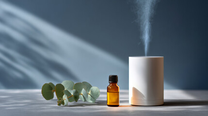Aromatic essential oil bottle with eucalyptus leaves and a white diffuser emitting vapor on a gray surface with soft natural light