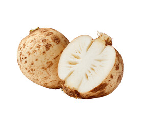 Two whole and half-sliced root vegetables.  Close-up, light background