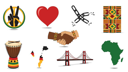A vibrant collection of African cultural symbols and iconic landmarks on a white background