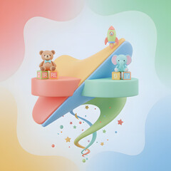 Naklejka premium Playful Childhood Dreams A Whimsical 3D Illustration of Toys, Rockets, and Abstract Shapes