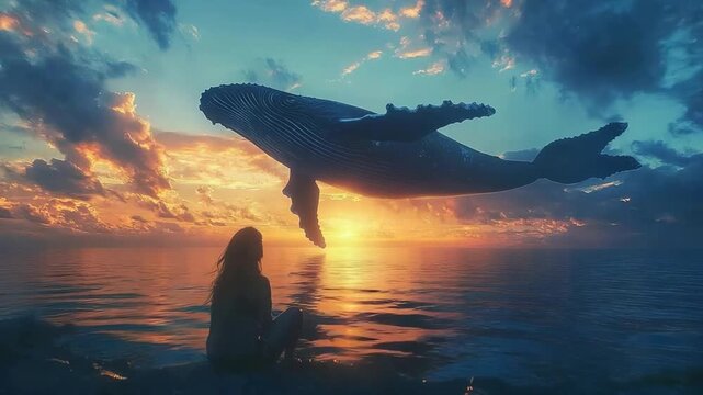 little girl watching humpback whale fantasy surreal video