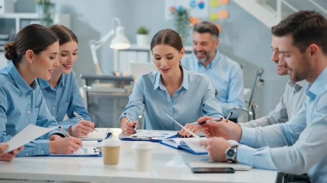 Group of smiling professionals engaging in a collaborative meeting in a bright office environment
