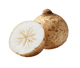 Two whole and half-cut, light-brown, bulbous roots, with a creamy-white interior, and a star-like pattern at the cut