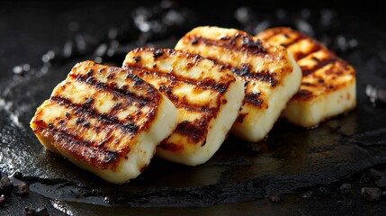 Grilled halloumi slices arranged neatly, charcoal surface