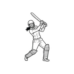 Female cricket player batting action powerful shot sportswoman wearing helmet pads professional athlete line art illustration isolated on white background