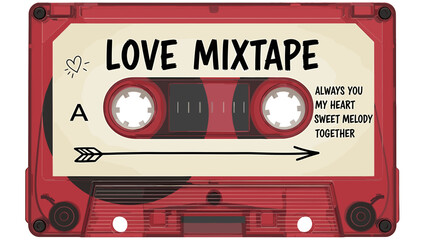 A close-up of a red cassette tape with the words Love Mixtape on it