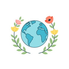 Globe surrounded by colorful flowers and green leaves 