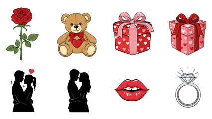 Fototapeta premium A romantic collection of Valentine's Day symbols on a black background